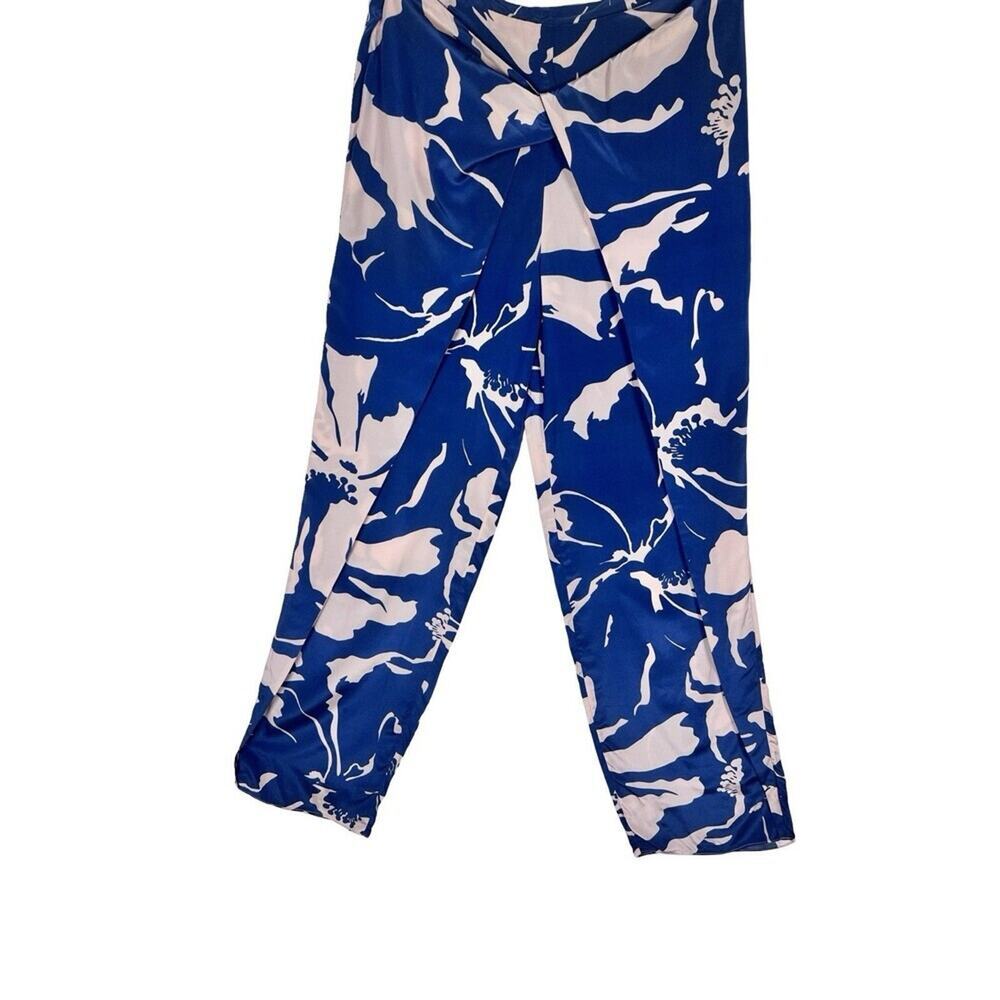 100% Silk Floral Wide Leg Wrap Pants Blue Pink L NWT Resort - Picture 3 of 8